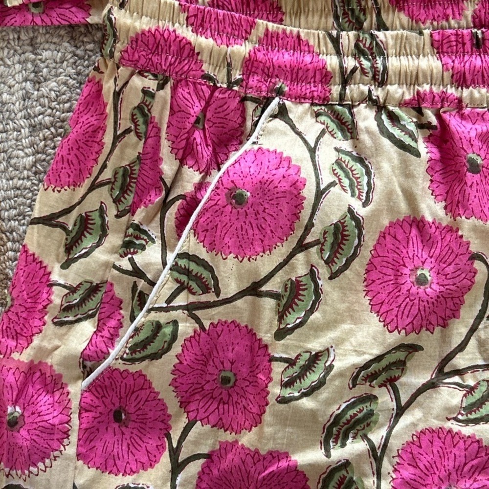 Cotton Floral Pajama Set Pink Block Print Shorts Loungewear Pockets Amranis M - Picture 10 of 13